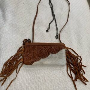 Brown leather and white mohair fringed crossbody bag
